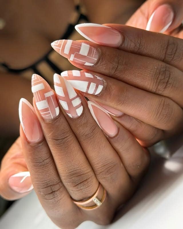 14. White Geometric Grid Almond Nails - geometric nail ideas
