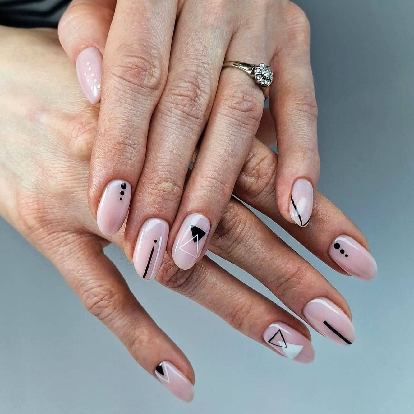 15. Soft Pink and Black Minimalist Geometric Nails - geometric nail ideas