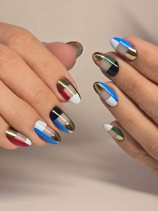 17. Metallic Gold and Blue Geometric Color Block Nails - geometric nail ideas