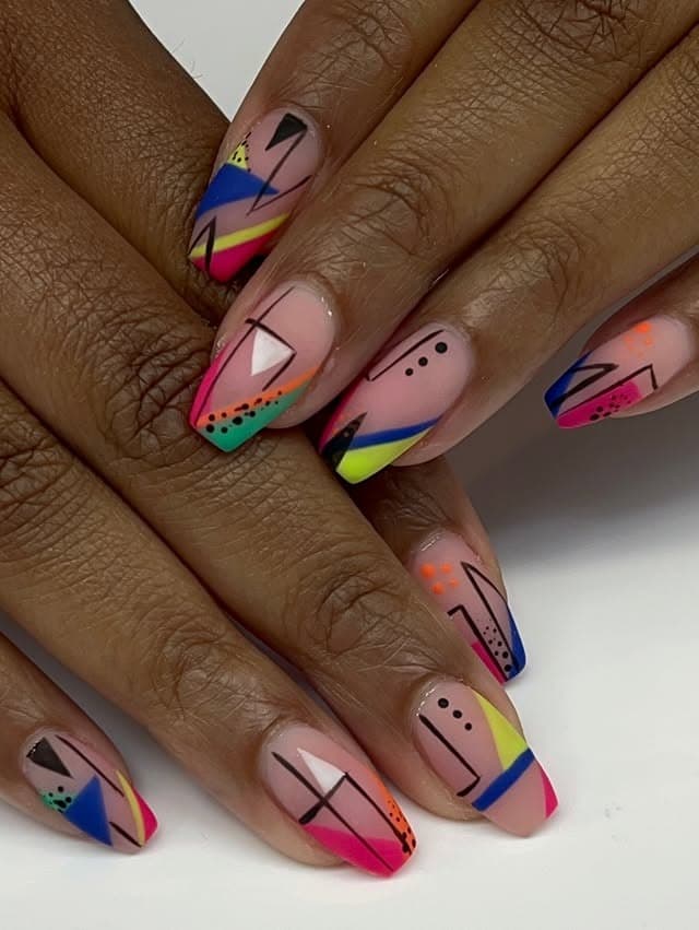 18. Neon Pink and Blue Retro Geometric Square Nails - geometric nail ideas