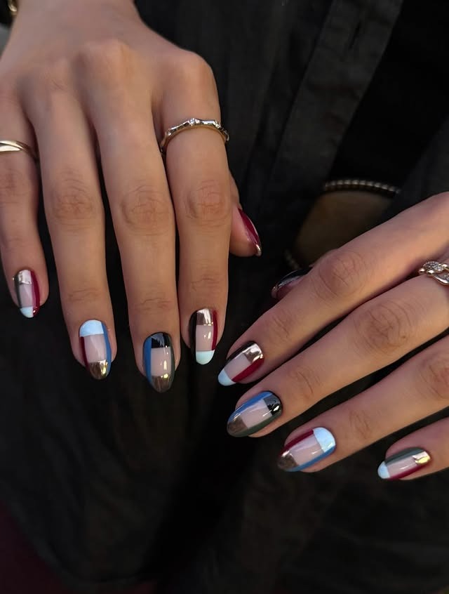 20. Chrome Gold and Burgundy Geometric Almond Nails - geometric nail ideas