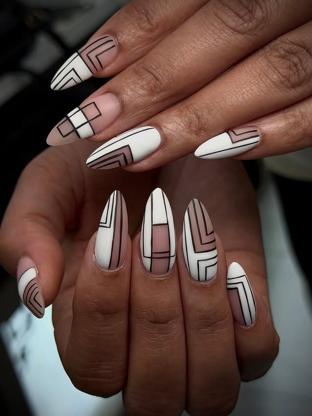 21. Black and White Art Deco Geometric Almond Nails - geometric nail ideas
