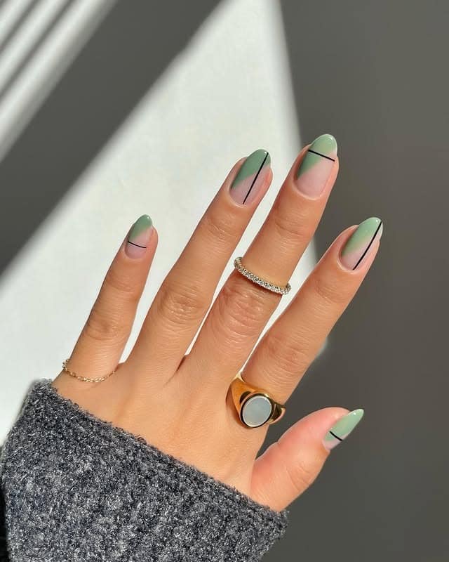 22. Sage Green and Black Minimalist Geometric Almond Nails - geometric nail ideas