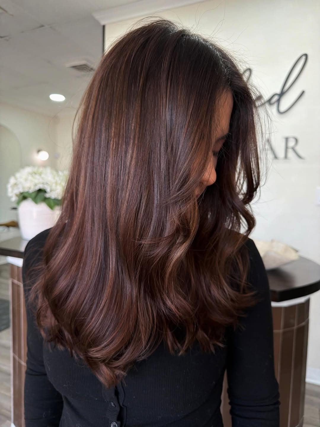 5. Rich Mahogany Brunette Balayage with Silky Layers - Brunette Balayage Hair Color