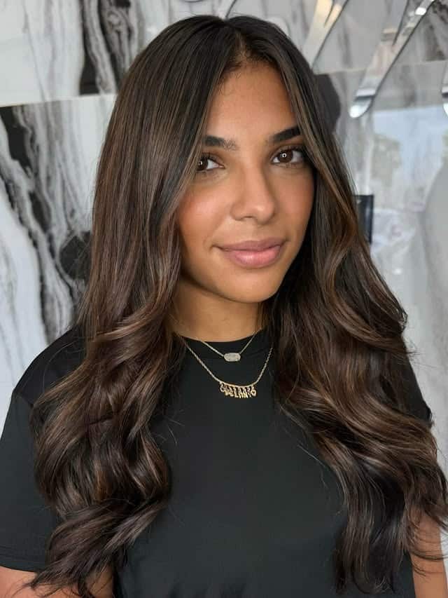 7. Espresso Brunette Balayage with Glossy Loose Waves - Brunette Balayage Hair Color