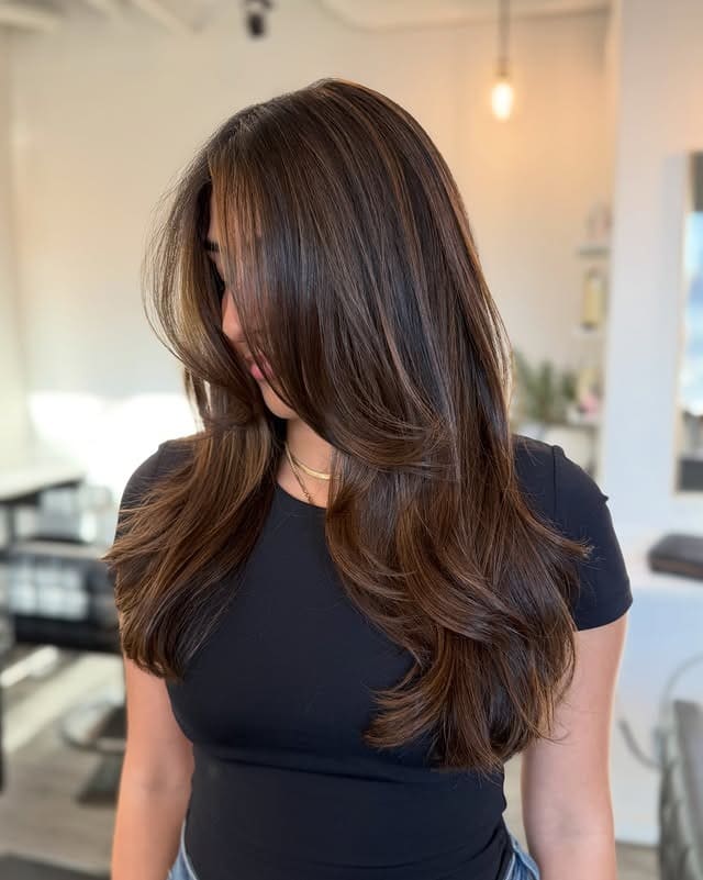 10. Caramel Mocha Brunette Balayage with Long Swooping Layers - Brunette Balayage Hair Color