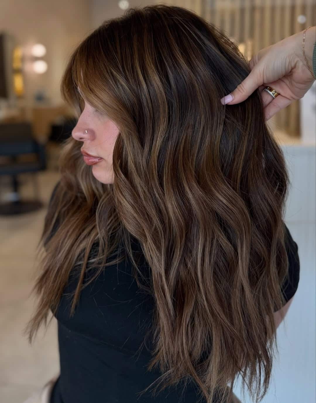 11. Caramel Brunette Balayage with Long Textured Waves - Brunette Balayage Hair Color