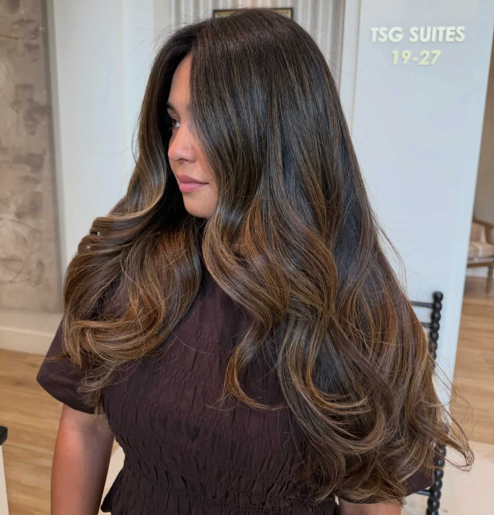 12. Golden Mocha Brunette Balayage with Voluminous Layers - Brunette Balayage Hair Color