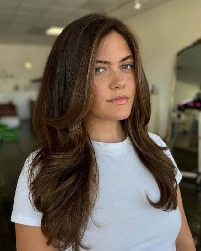 13. Natural Chestnut Brunette Balayage with Feathered Layers - Brunette Balayage Hair Color