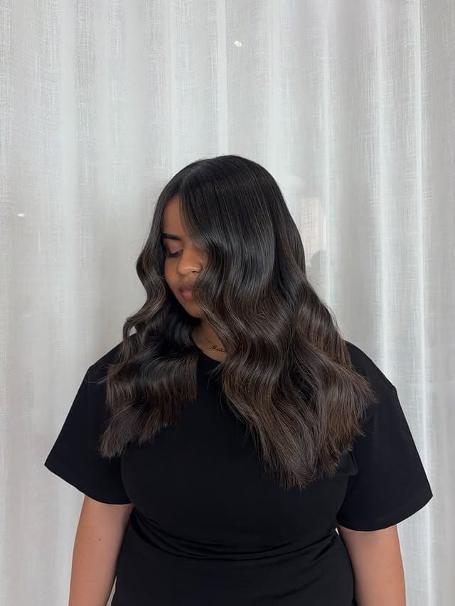 14. Cool Espresso Brunette Balayage with Glossy S-Waves - Brunette Balayage Hair Color