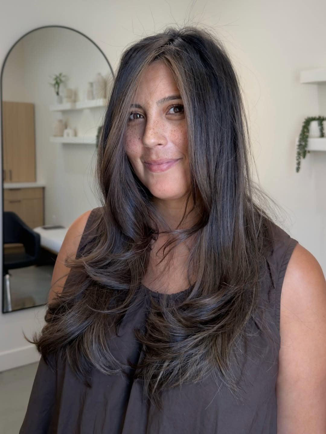 15. Smoky Ash Brunette Balayage with Butterfly Layers - Brunette Balayage Hair Color