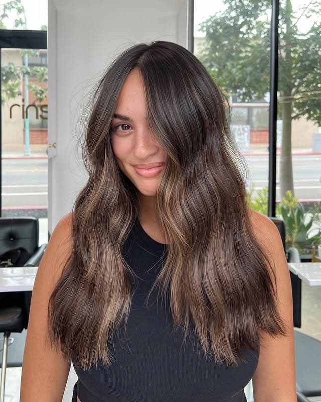 20. Taupe Brunette Balayage with Long Tousled Layers - Brunette Balayage Hair Color