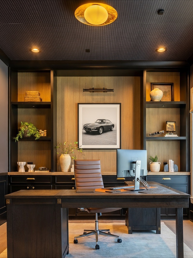 1. Modern Black and Walnut Home Office with Built-In Shelving - modern home office ideas