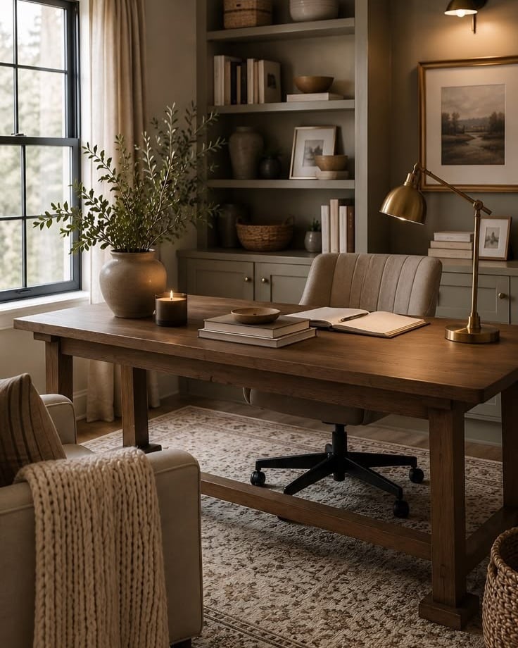 3. Cozy Sage Green and Natural Wood Home Office - modern home office ideas