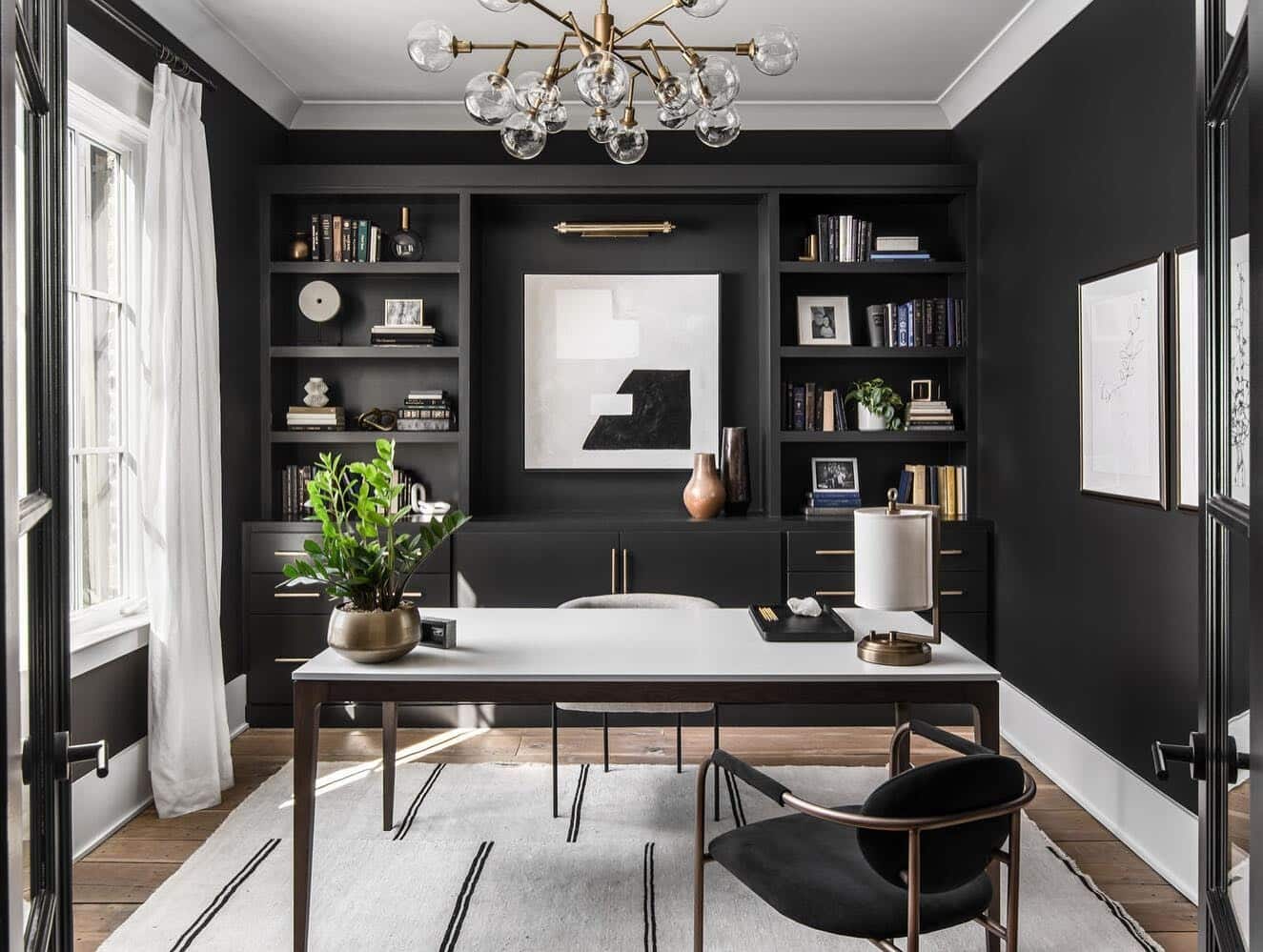 4. Dramatic Charcoal Black and White Modern Home Office - modern home office ideas