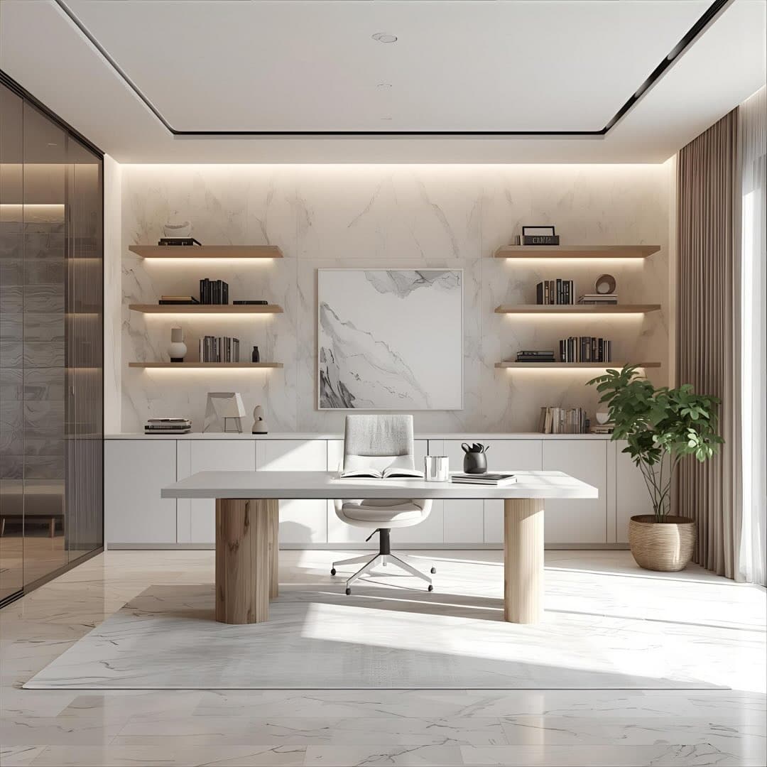 5. Luxury White and Light Oak Modern Home Office - modern home office ideas