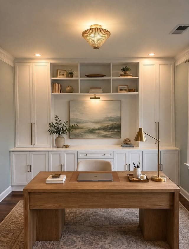 6. Elegant Cream and Honey Oak Home Office with Built-In Cabinets - modern home office ideas