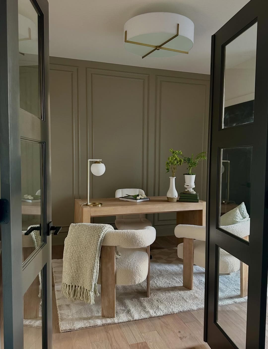 8. Sophisticated Taupe and Light Oak Home Office with Wall Molding - modern home office ideas