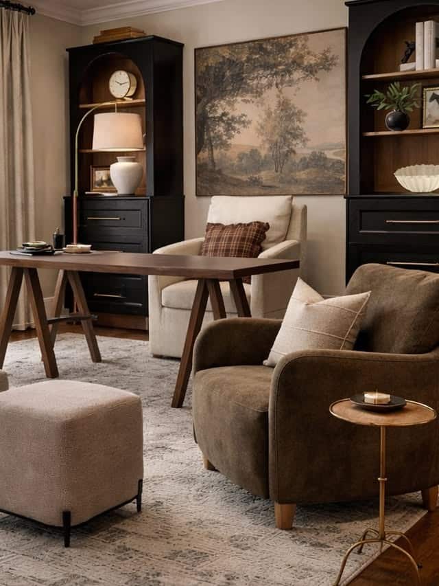 9. Warm Brown and Black Modern Home Office with Lounge Seating - modern home office ideas