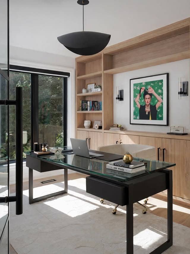 10. Sleek Black and Natural Oak Home Office with Glass Desk - modern home office ideas