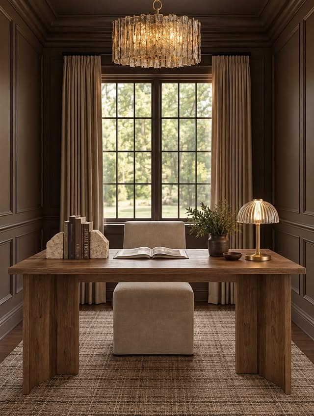 11. Elegant Dark Brown and Walnut Modern Home Office - modern home office ideas