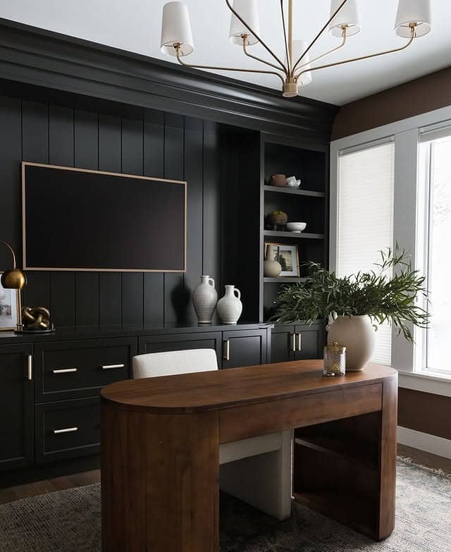 12. Bold Black and Dark Walnut Modern Home Office - modern home office ideas