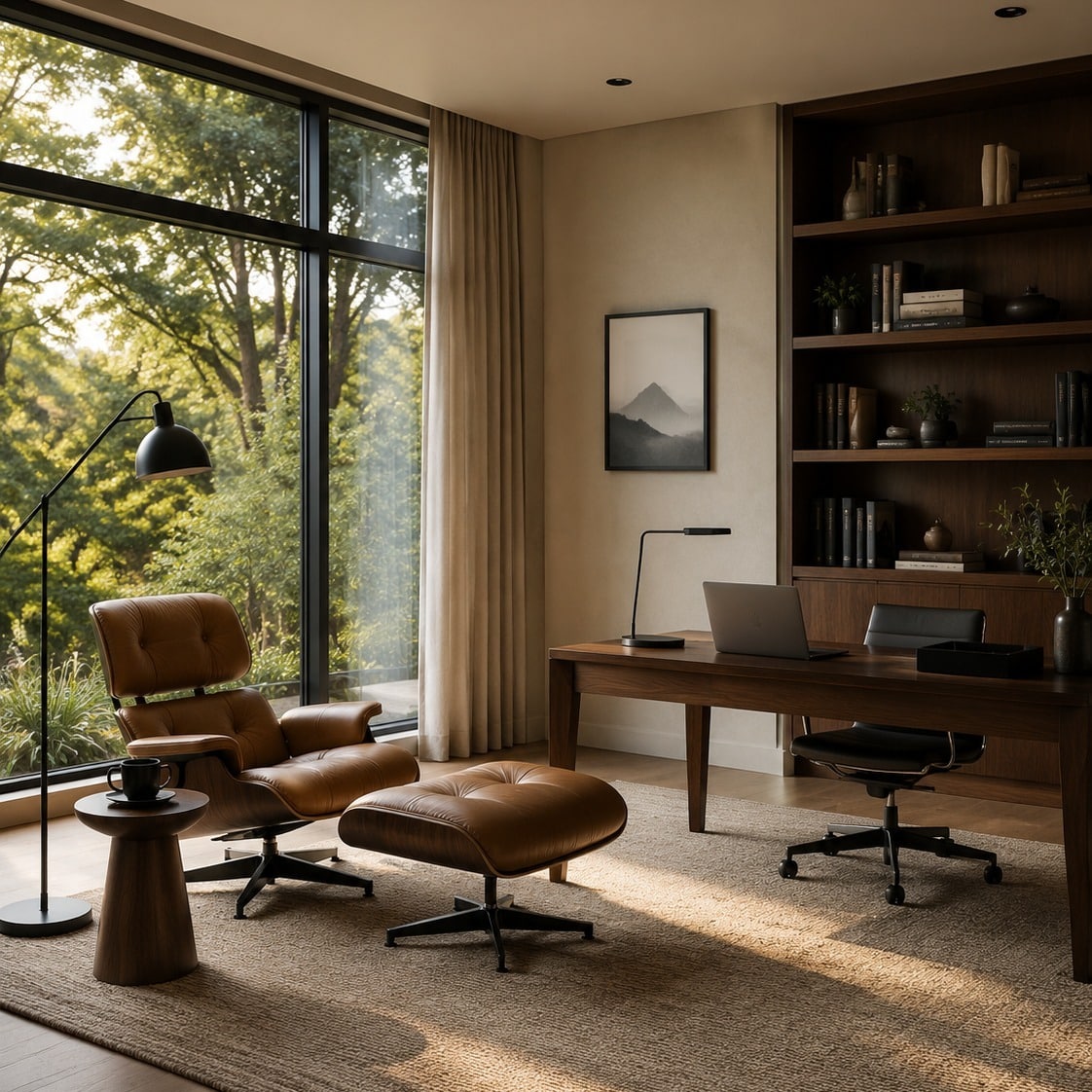 13. Warm Walnut and Beige Modern Home Office with Floor-to-Ceiling Windows - modern home office ideas
