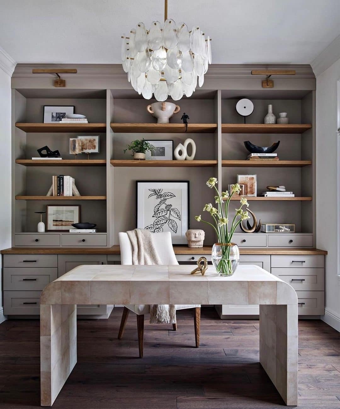 14. Contemporary Greige and Natural Oak Home Office with Statement Lighting - modern home office ideas