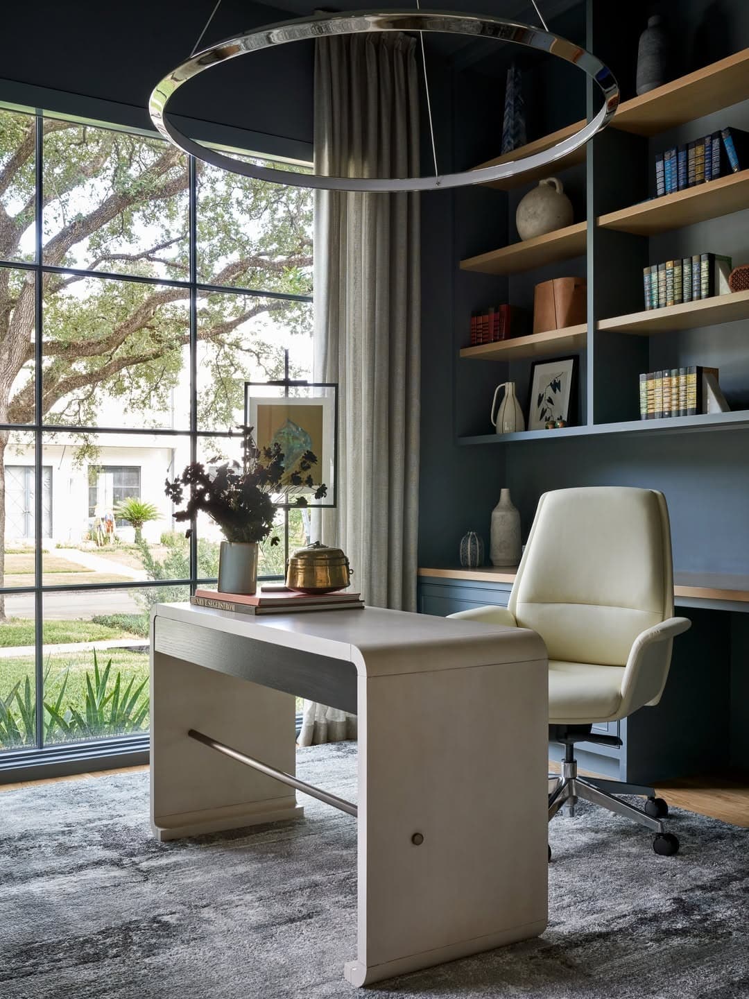 15. Moody Navy Blue and White Modern Home Office - modern home office ideas