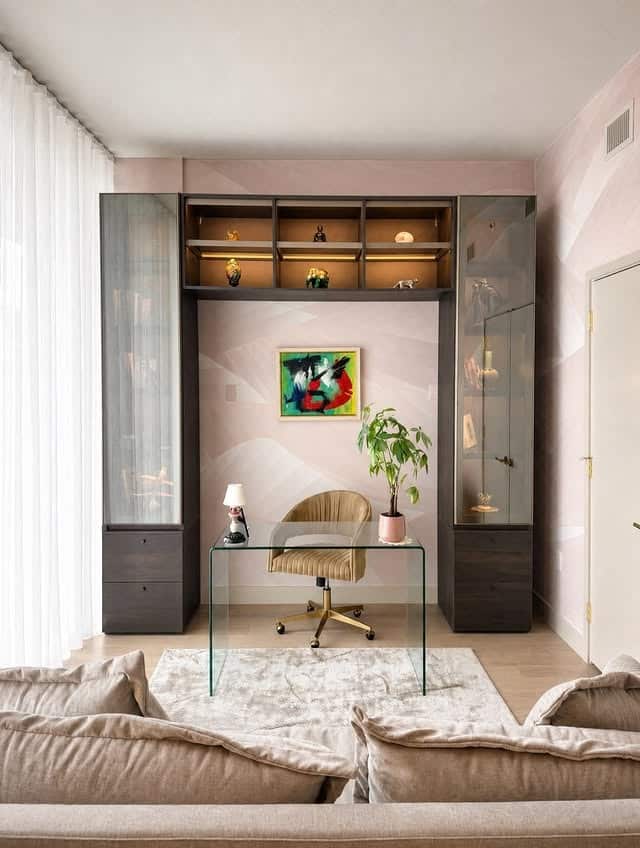 17. Soft Blush Pink and Charcoal Modern Home Office - modern home office ideas