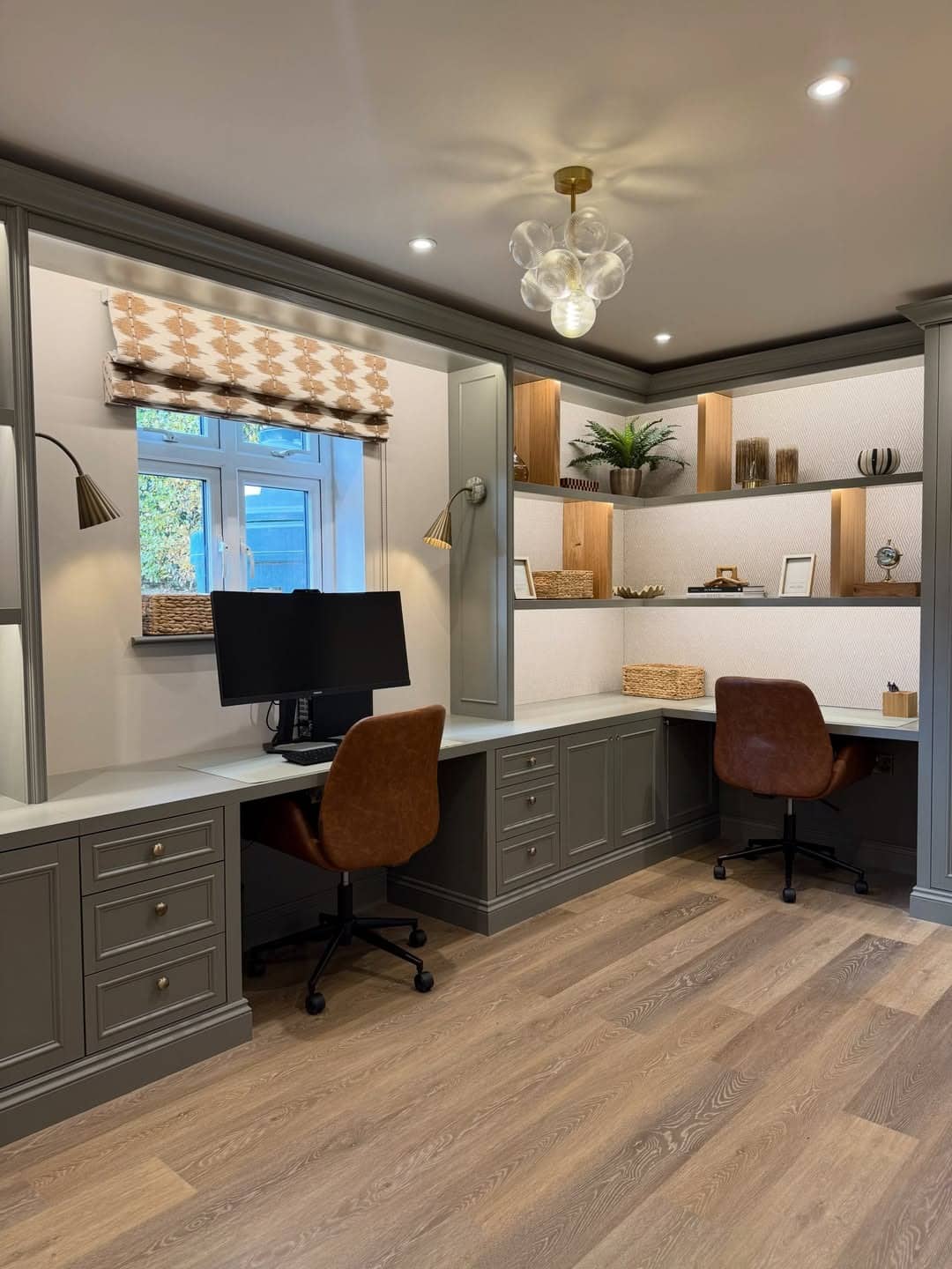19. Sage Gray and Warm Brown Modern Two-Person Home Office - modern home office ideas