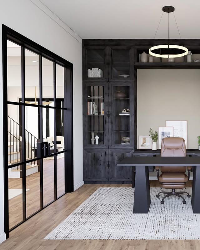 20. Modern Black and White Home Office with Glass Doors - modern home office ideas