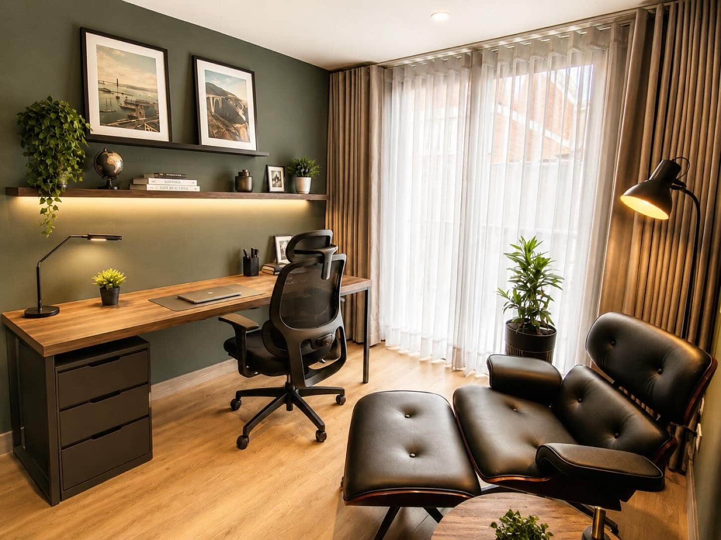 21. Modern Olive Green and Natural Oak Home Office with Lounge Seating - modern home office ideas