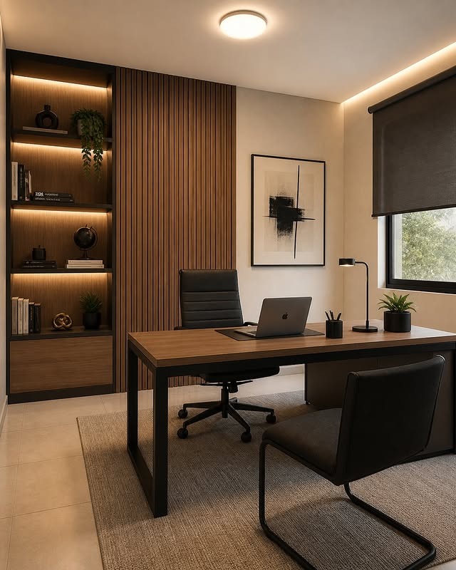22. Contemporary Walnut Brown and Black Home Office with Wood Slat Accent Wall - modern home office ideas