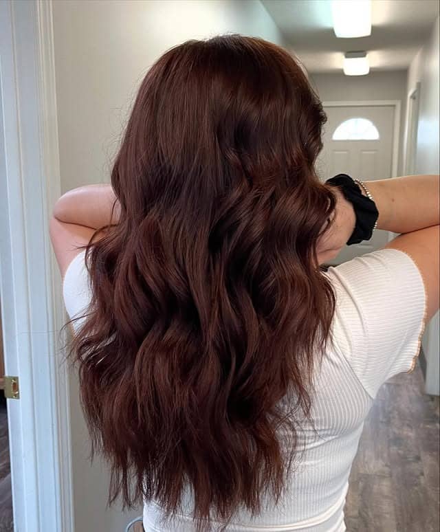 7. Deep Chocolate Auburn Hair with Long Beachy Waves - Dark Auburn Hair Color