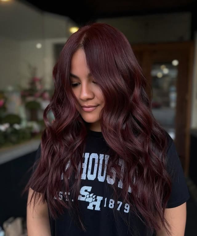 13. Dark Cherry Auburn Hair with Loose Romantic Waves - Dark Auburn Hair Color