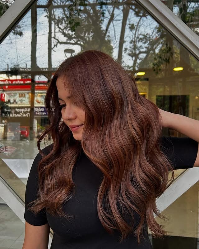 15. Warm Chestnut Auburn Hair with Long Flowing Waves - Dark Auburn Hair Color
