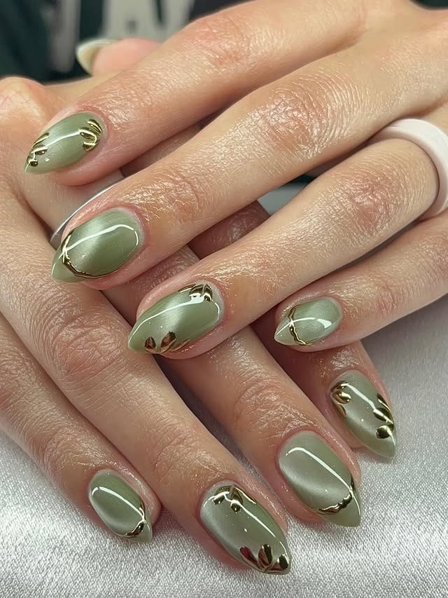 5. Sage Green Nails with Gold Chrome Accents - green and gold nail ideas
