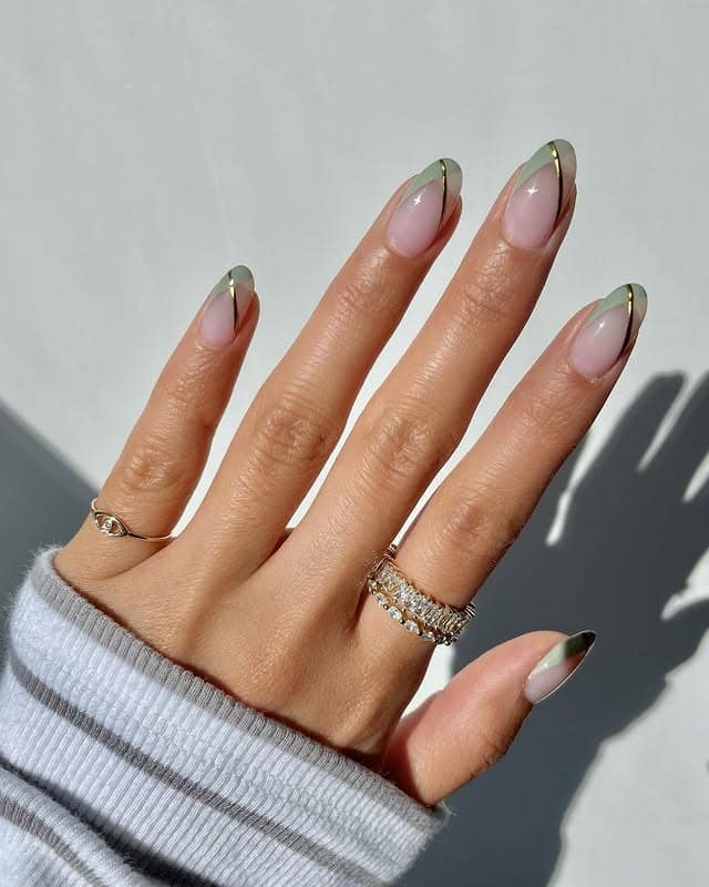 7. Sage Green French Tip Nails with Gold Outline Details - green and gold nail ideas