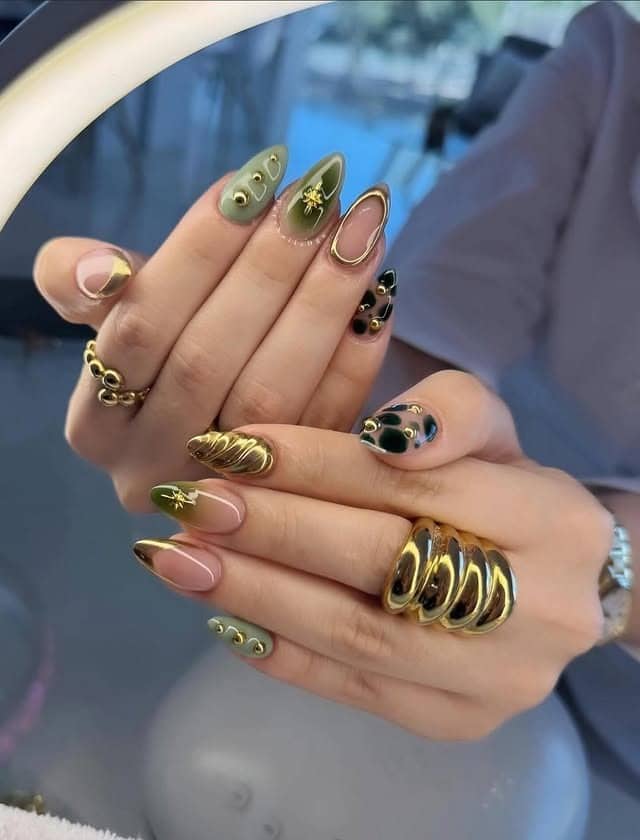 9. Olive Green and Gold Chrome Nails with 3D Embellishments - green and gold nail ideas