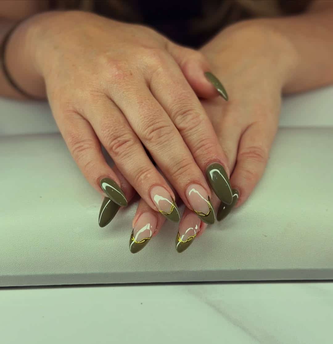 13. Olive Green Almond Nails with Gold French Tip Accents - green and gold nail ideas
