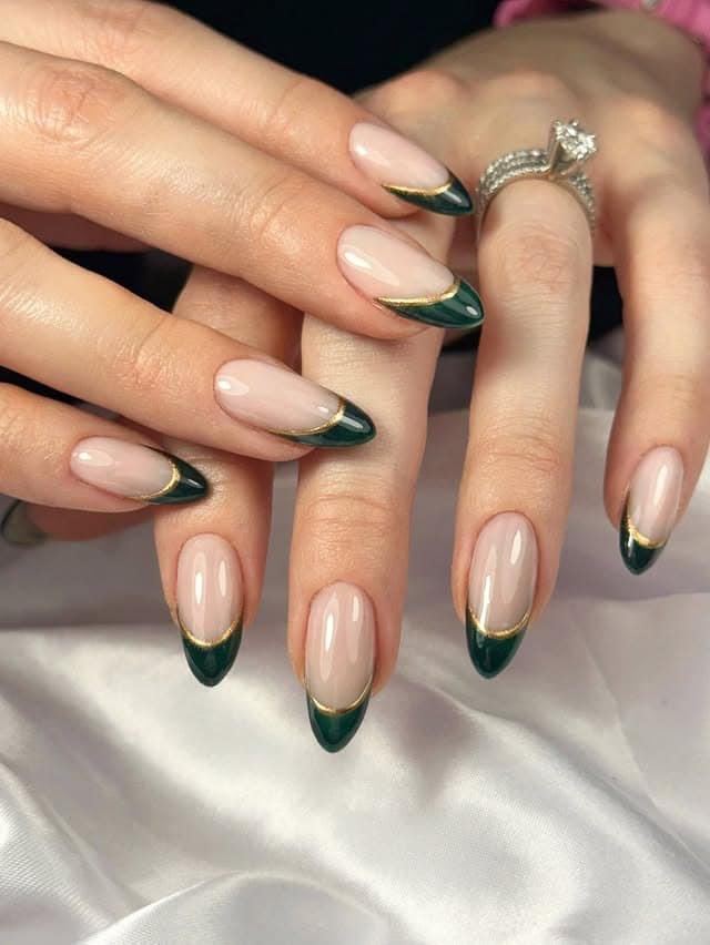 16. Dark Green French Tip Nails with Gold Metallic Outlines - green and gold nail ideas