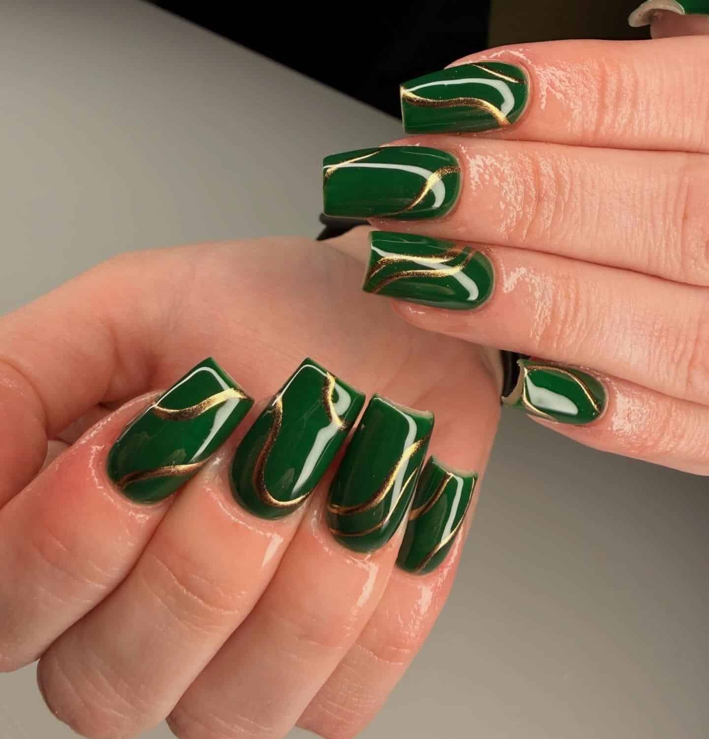 17. Dark Emerald Green Square Nails with Gold Swirl Art - green and gold nail ideas