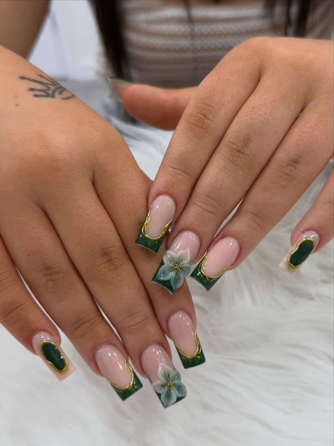21. Emerald Green Square French Tip Nails with Gold Accents and 3D Flowers - green and gold nail ideas