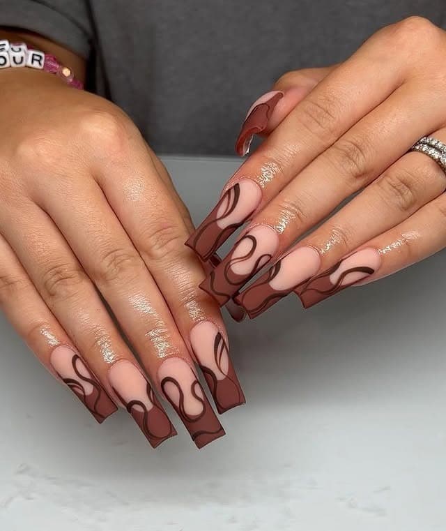 1. Chocolate Brown Swirl Long Square Nails - long square nail ideas