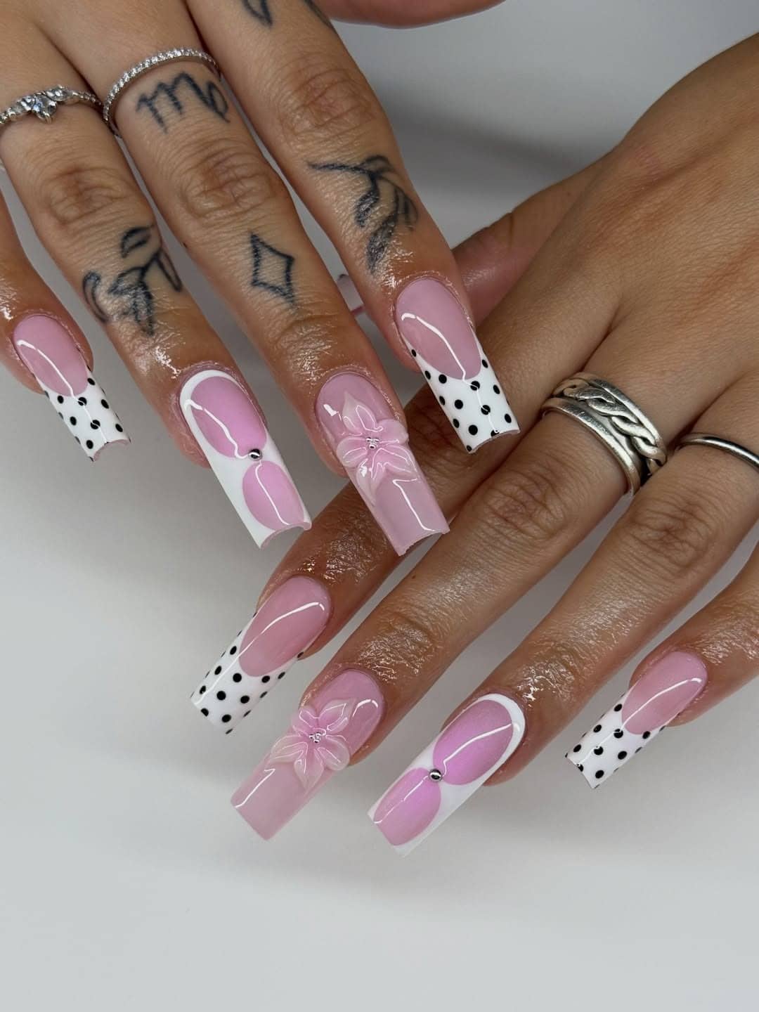 2. Pink and White Polka Dot Long Square Nails - long square nail ideas