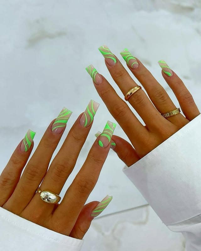3. Neon Green Swirl Long Square Nails - long square nail ideas