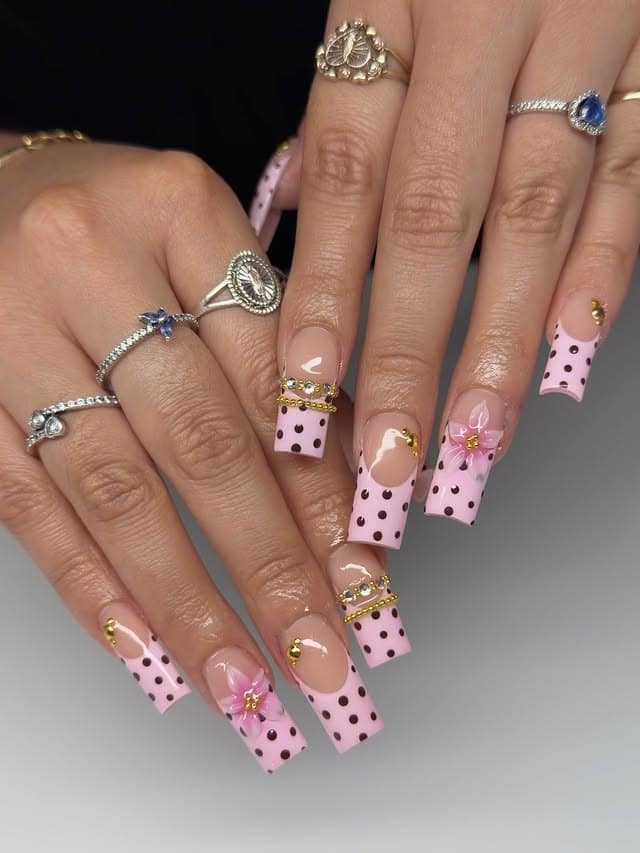4. Pink Polka Dot Long Square Nails with Floral Accents - long square nail ideas