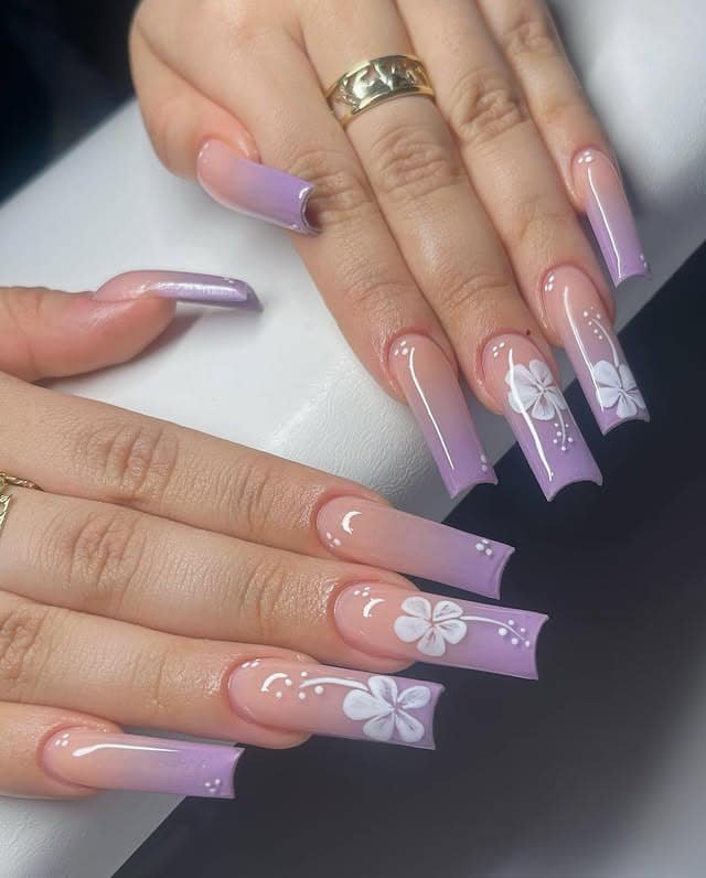 7. Lavender Ombre Long Square Nails with White Flowers - long square nail ideas