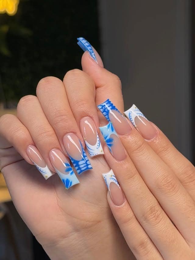 11. Royal Blue and White Abstract Long Square Nails - long square nail ideas